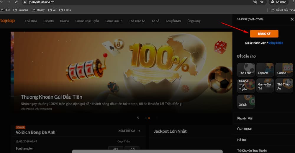 Chọn đăng ký ở menu trên cùng bên phải của website